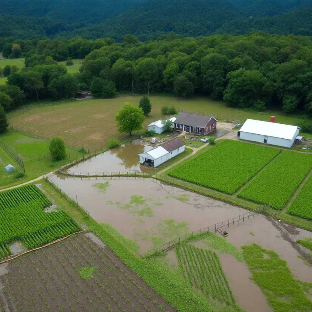 A small farm in Western North Carolina after Tropical Storm Helene, showing damaged crops and waterlogged fields.