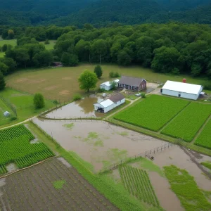 A small farm in Western North Carolina after Tropical Storm Helene, showing damaged crops and waterlogged fields.