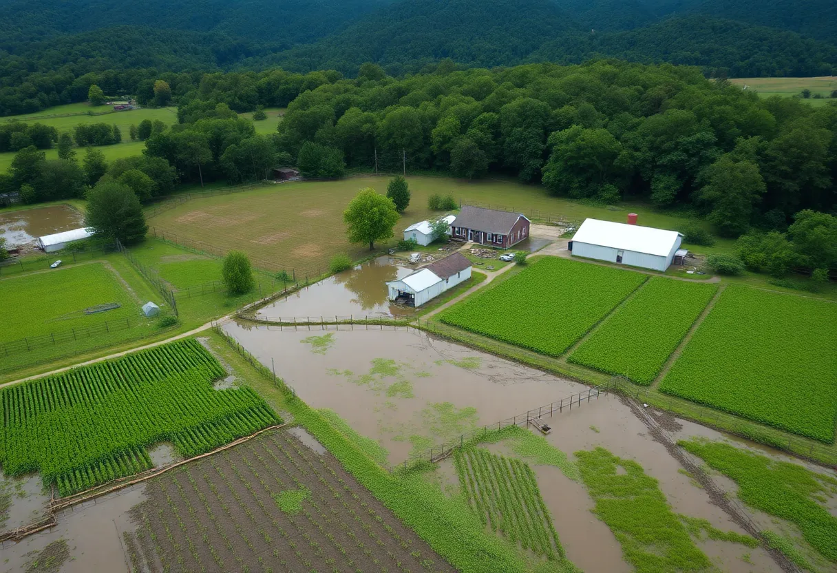 A small farm in Western North Carolina after Tropical Storm Helene, showing damaged crops and waterlogged fields.