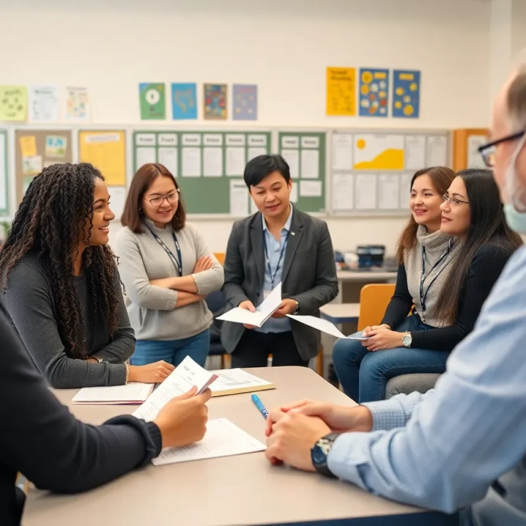 Diverse educators collaborating on educational policies in a meeting