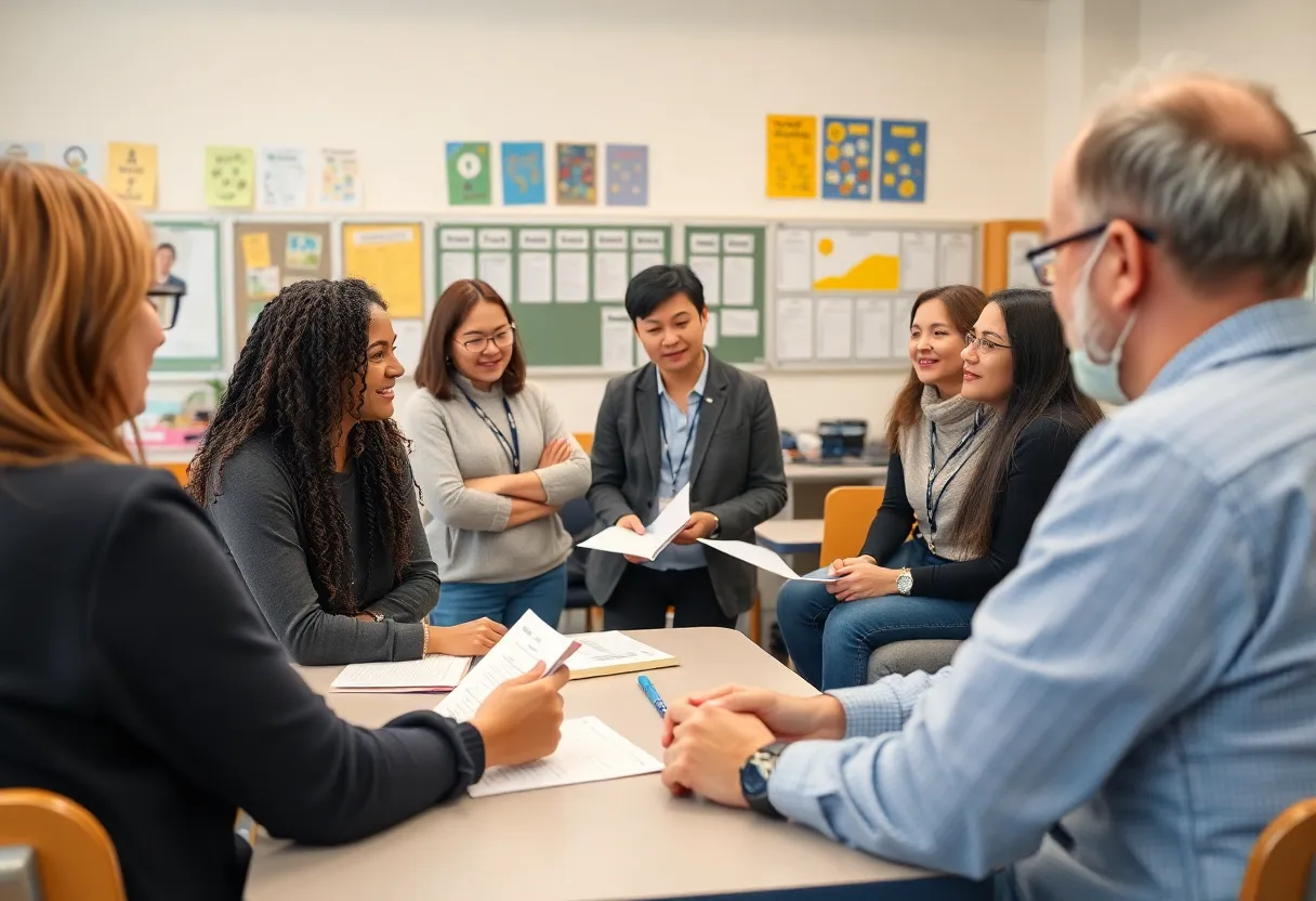 Diverse educators collaborating on educational policies in a meeting