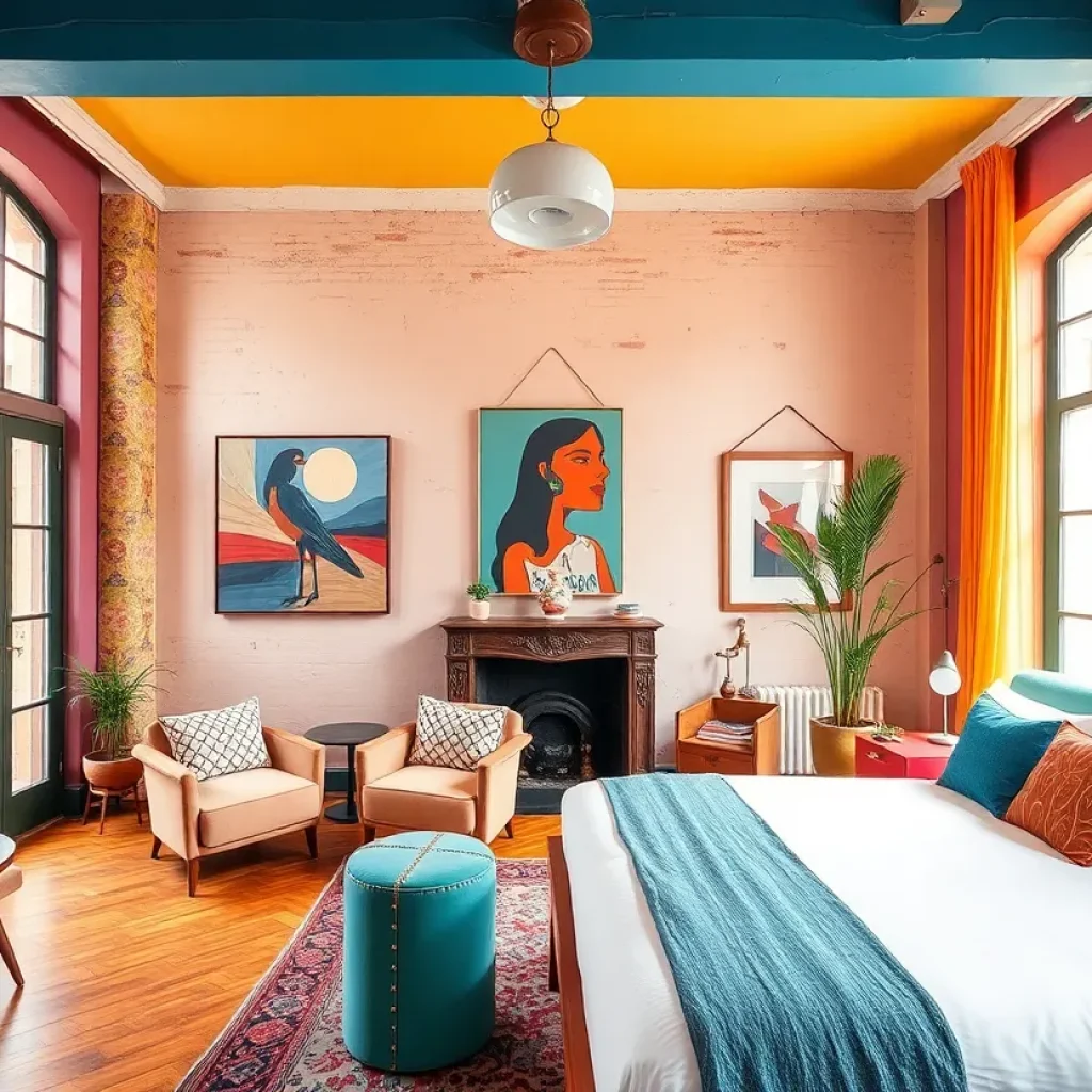 The Radical Hotel exterior showing unique architecture and vibrant colors in Asheville's River Arts District