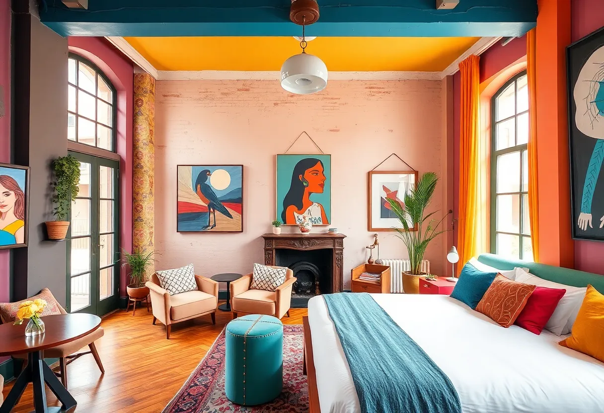 The Radical Hotel exterior showing unique architecture and vibrant colors in Asheville's River Arts District