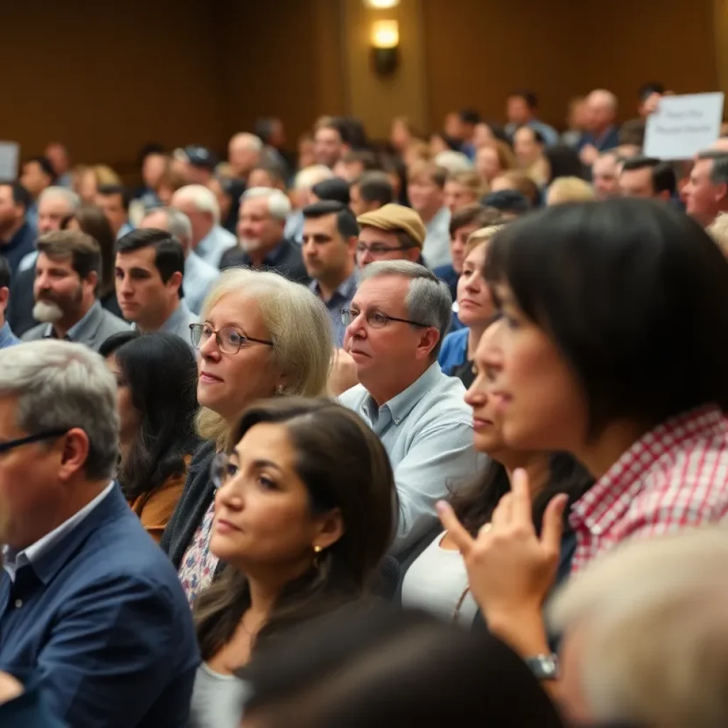 A bustling town hall meeting where constituents discuss Medicaid cuts.