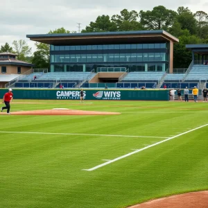Baseball players practicing on a field with a new training facility in the background.