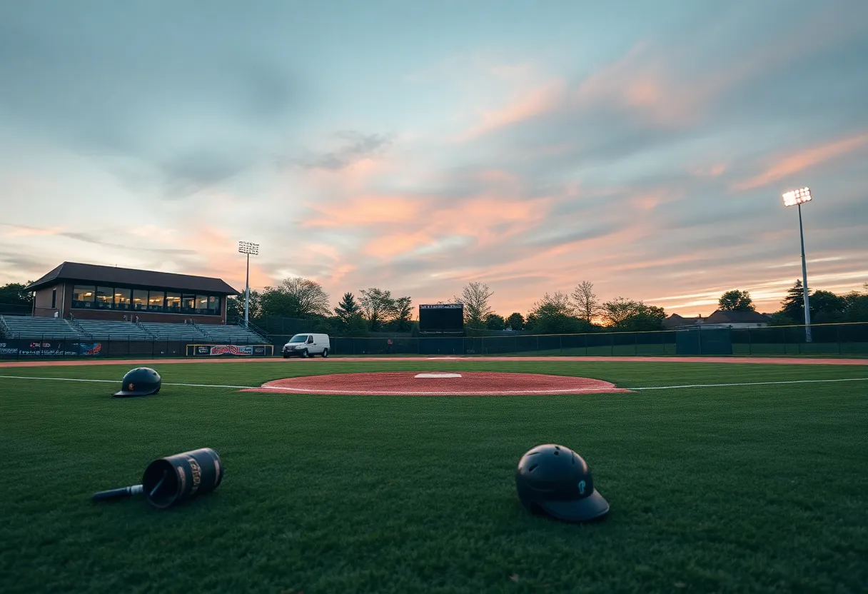 Baseball field at UNC Asheville during sunset.