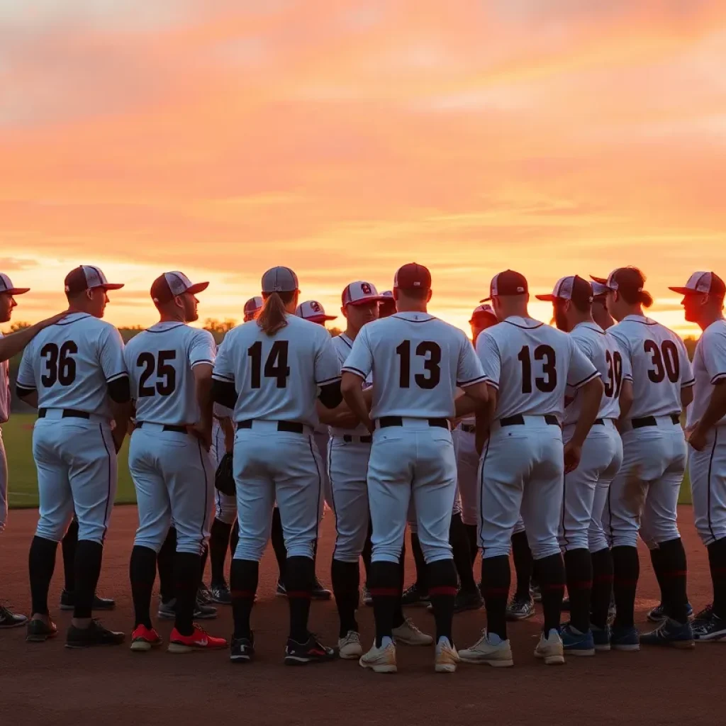 Baseball team in huddle on the field at sunset