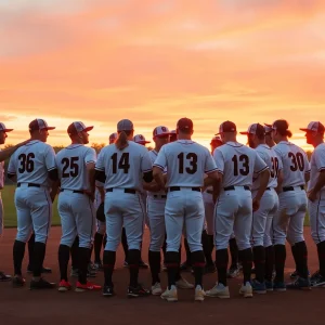 Baseball team in huddle on the field at sunset