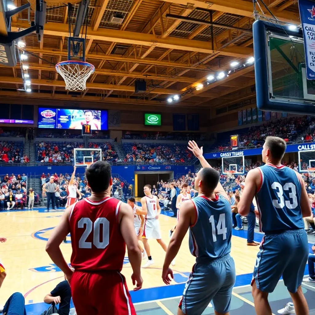 Action shot of a college basketball game at UNC Asheville