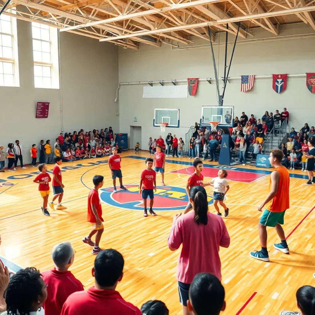 Diverse players on a college basketball court during a game