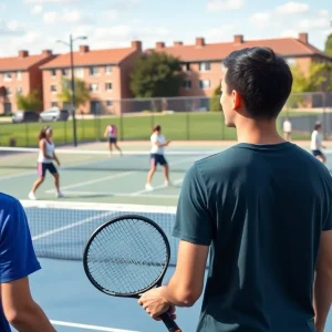 Student-athletes playing tennis during a match at UNC Asheville