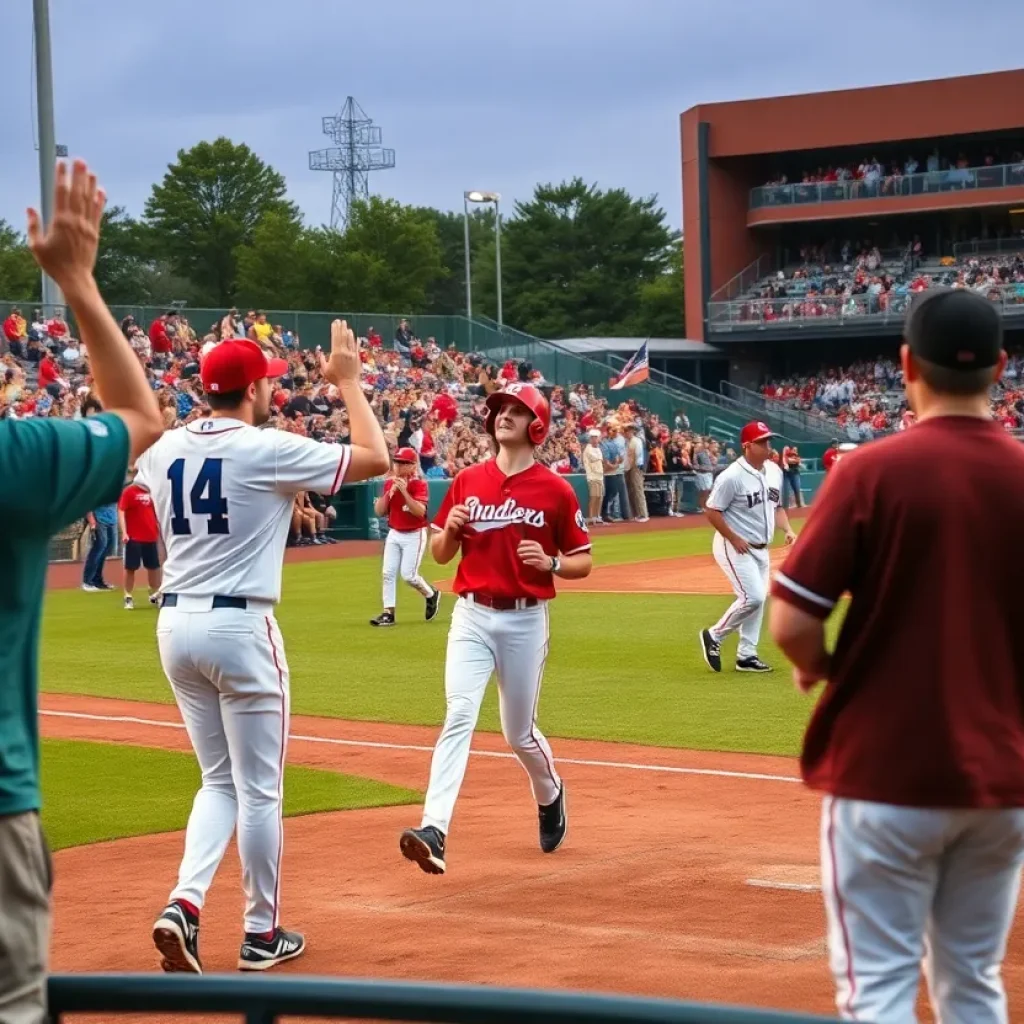 Fans cheering at a college baseball game between UNC Asheville and East Tennessee State.