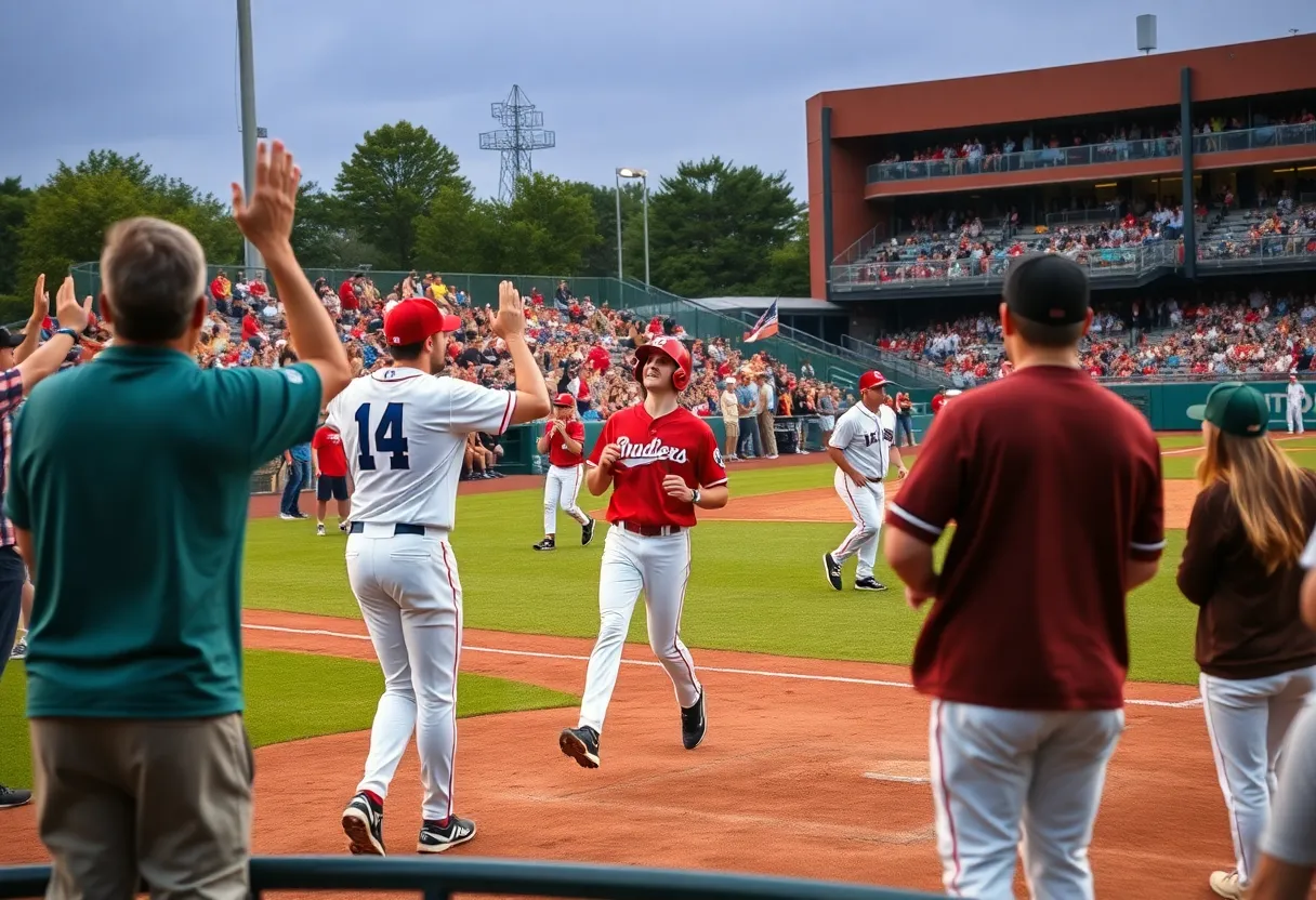 Fans cheering at a college baseball game between UNC Asheville and East Tennessee State.