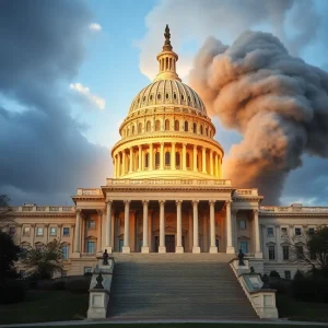 The U.S. Capitol building surrounded by elements representing environmental regulations.