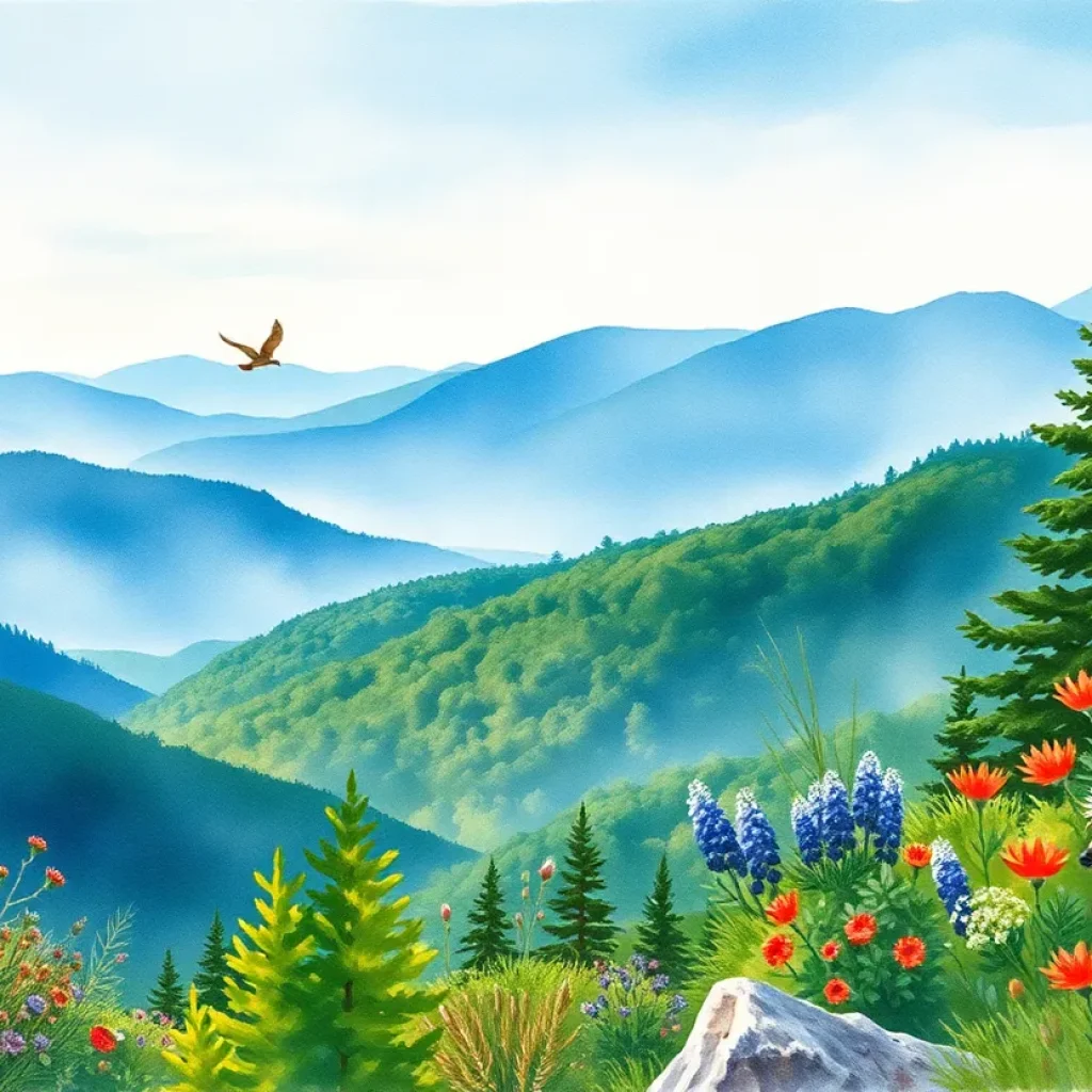 Watercolor painting depicting the vibrant biodiversity of the Appalachian Mountains