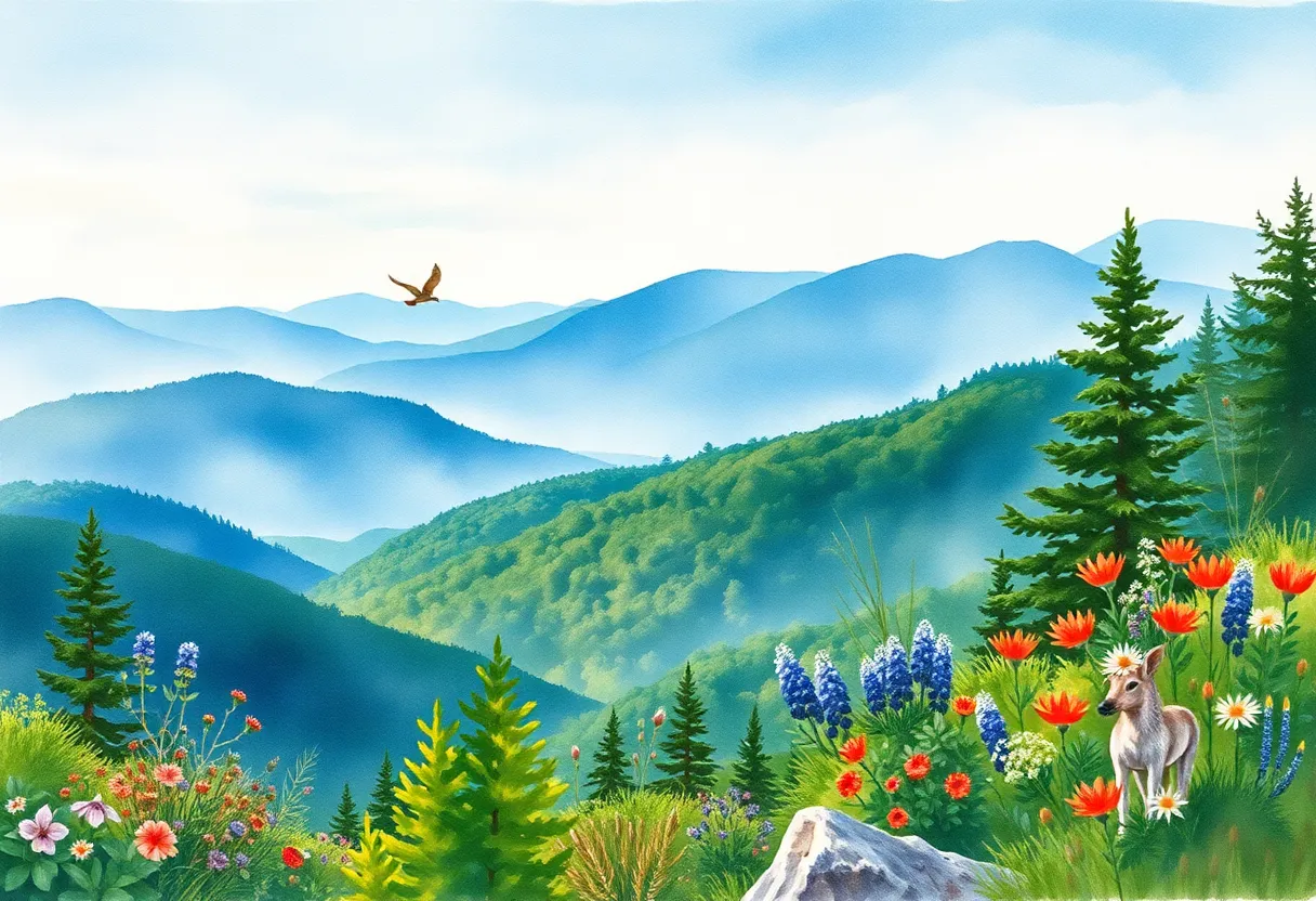 Watercolor painting depicting the vibrant biodiversity of the Appalachian Mountains