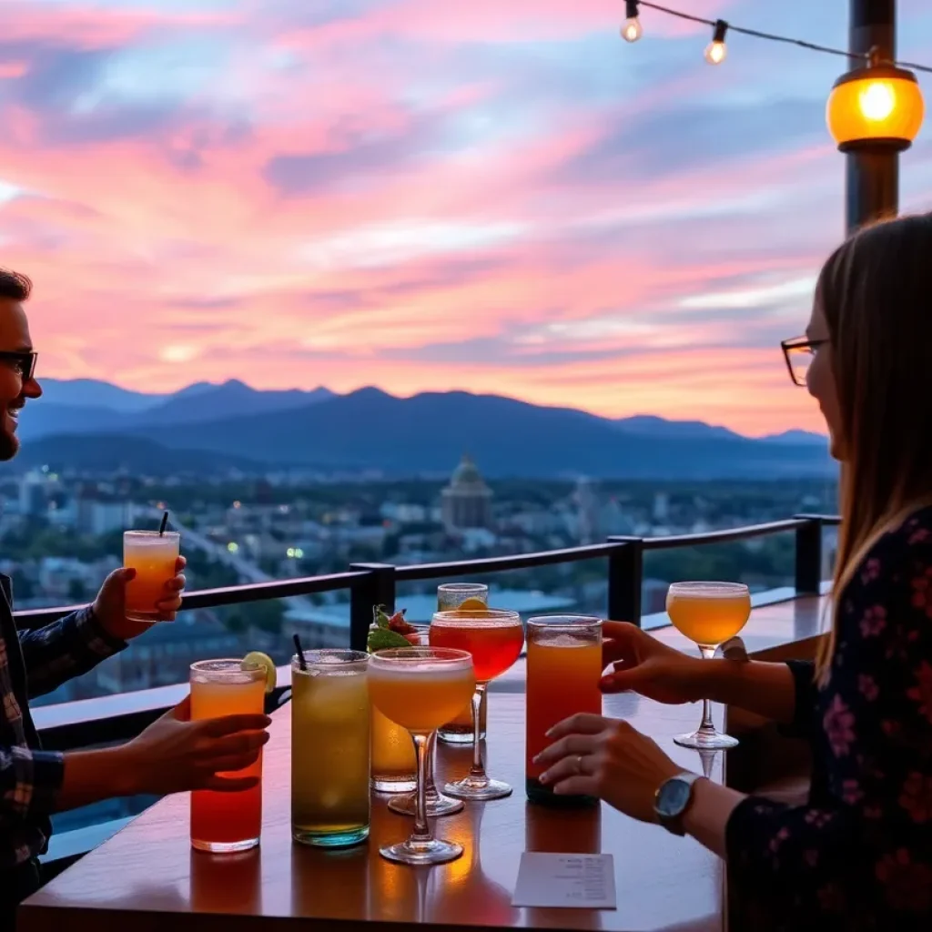 Cocktails served at Antidote Rooftop Bar with scenic view of Asheville