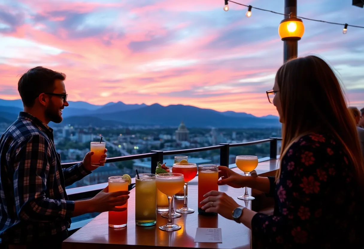 Cocktails served at Antidote Rooftop Bar with scenic view of Asheville