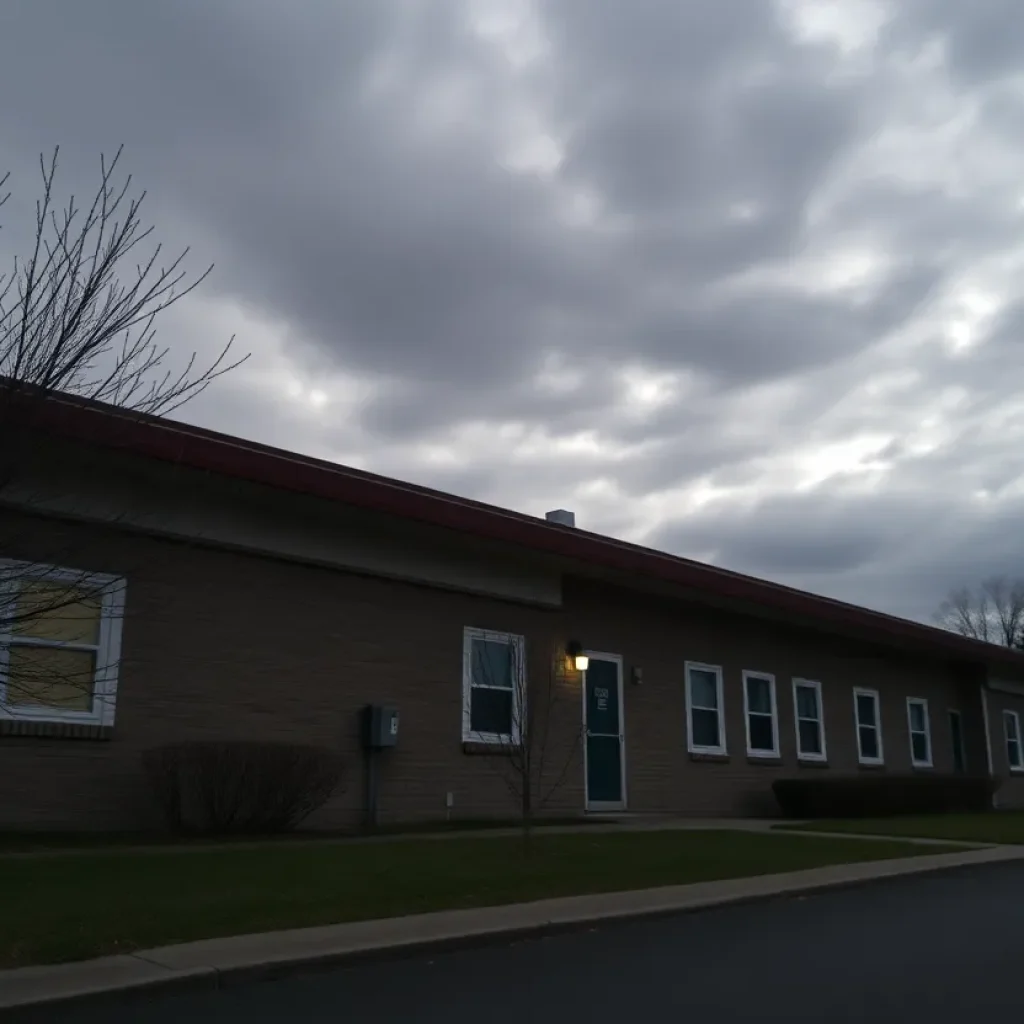 Exterior of Asheville Academy building with cloudy sky