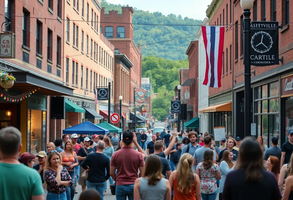 Community concert in Asheville featuring local musicians and residents gathering to support recovery efforts.