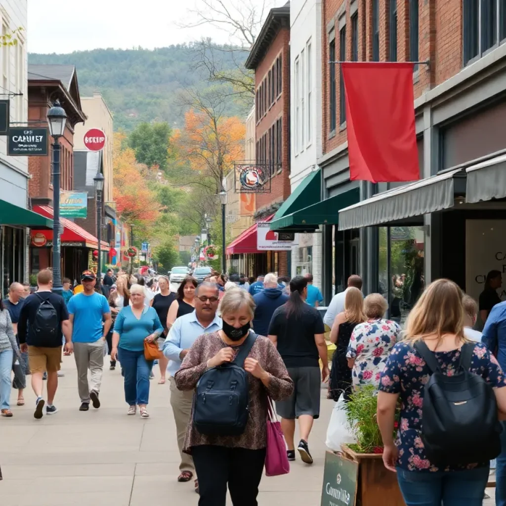 Community members in downtown Asheville engaging in activities after recovery from a storm.