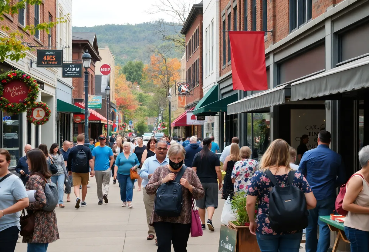 Community members in downtown Asheville engaging in activities after recovery from a storm.