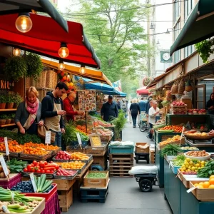 A bustling Asheville street market with various food stalls showcasing local produce and artisan goods.