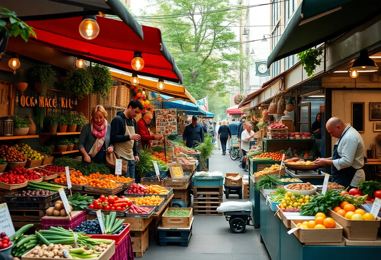 A bustling Asheville street market with various food stalls showcasing local produce and artisan goods.