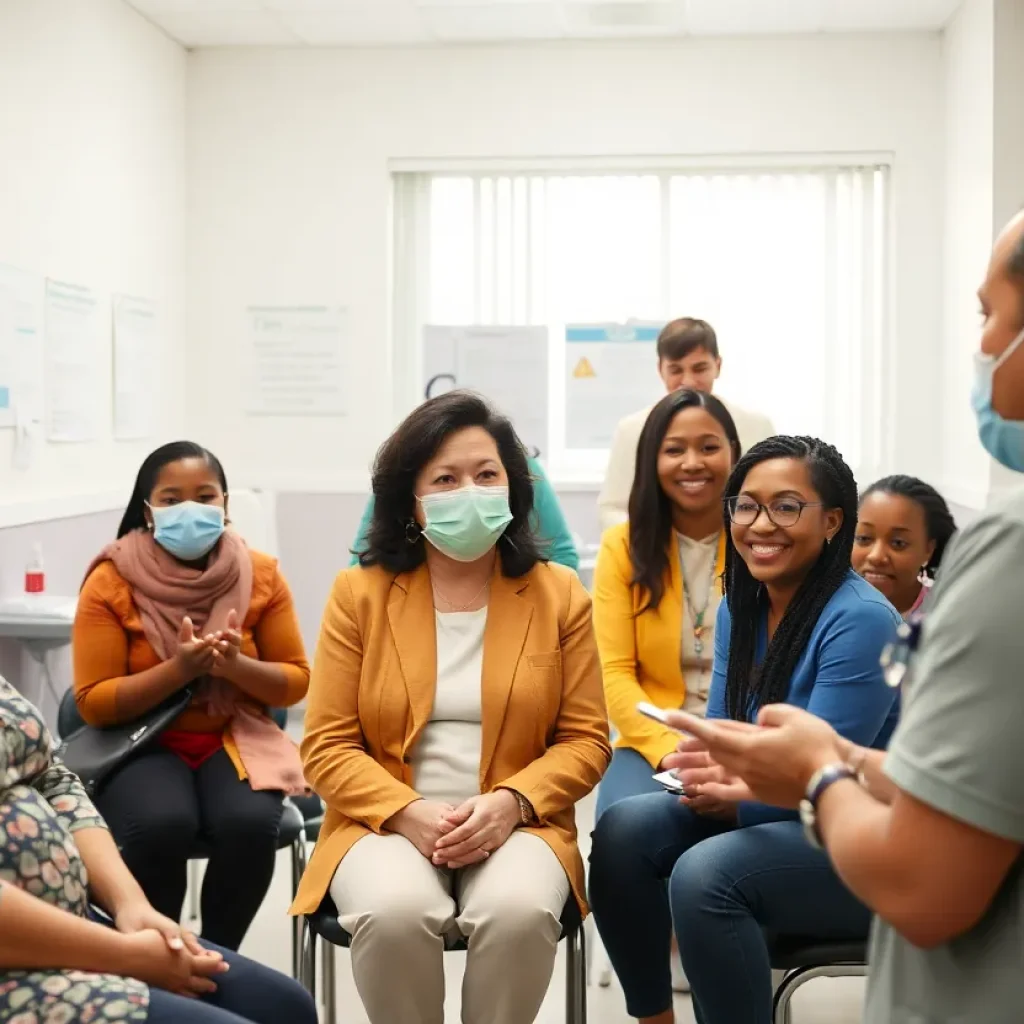 Community members receiving free healthcare services at a clinic in Asheville