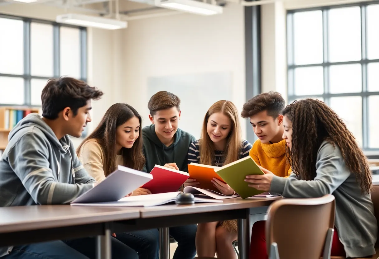 Diverse high school students studying in a classroom in Asheville