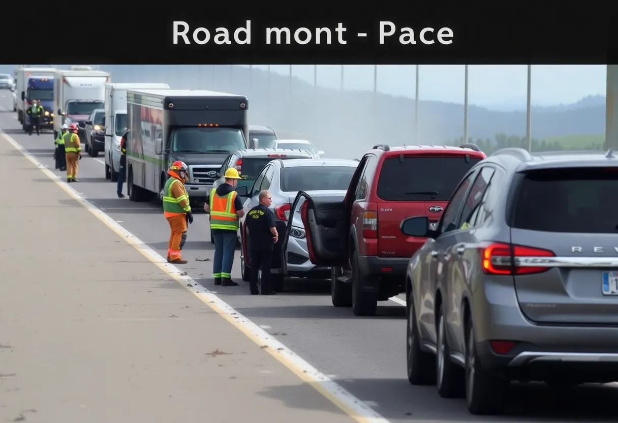 Scene of a multi-vehicle crash on a highway.