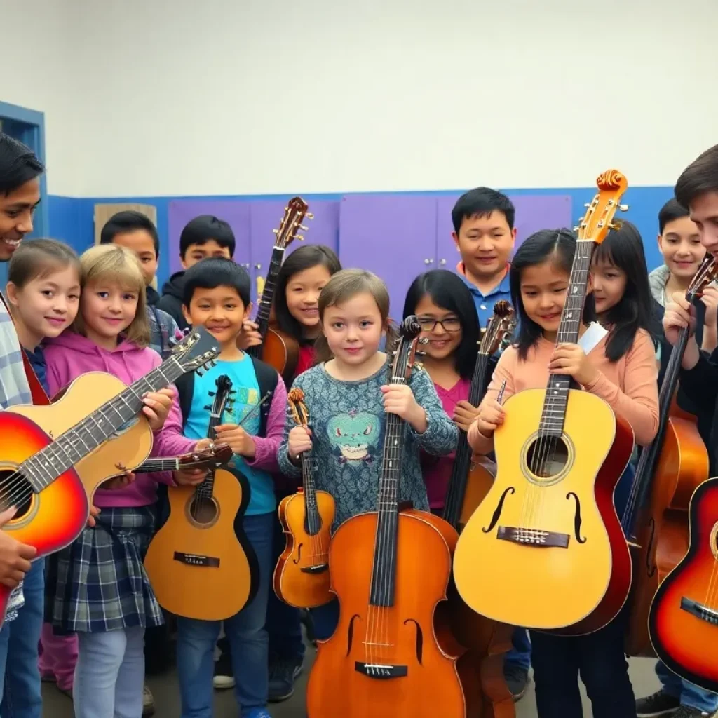 Community members donating musical instruments at Asheville Middle School