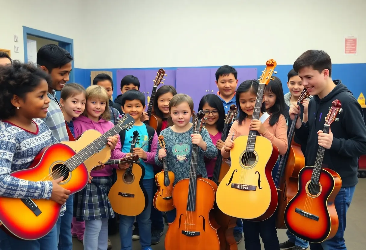 Community members donating musical instruments at Asheville Middle School