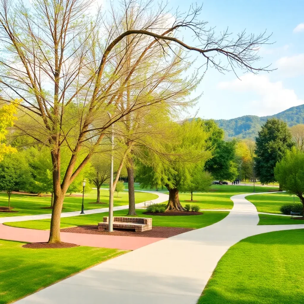 A serene Asheville park with walking paths surrounded by nature.