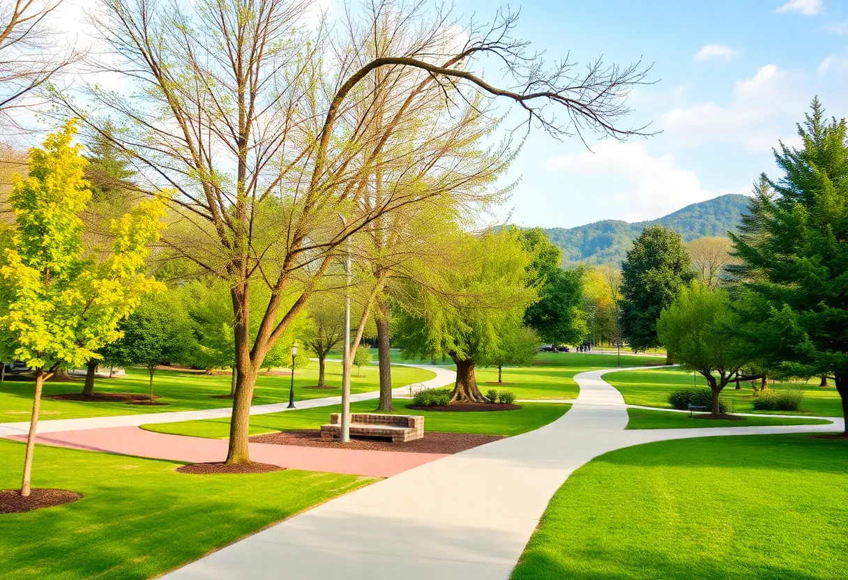 A serene Asheville park with walking paths surrounded by nature.