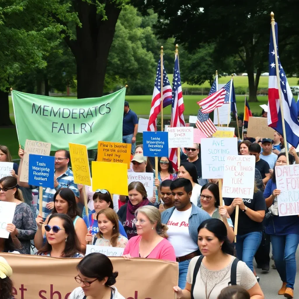 Crowd of protesters gathering in Asheville with signs and banners