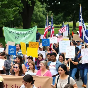 Crowd of protesters gathering in Asheville with signs and banners