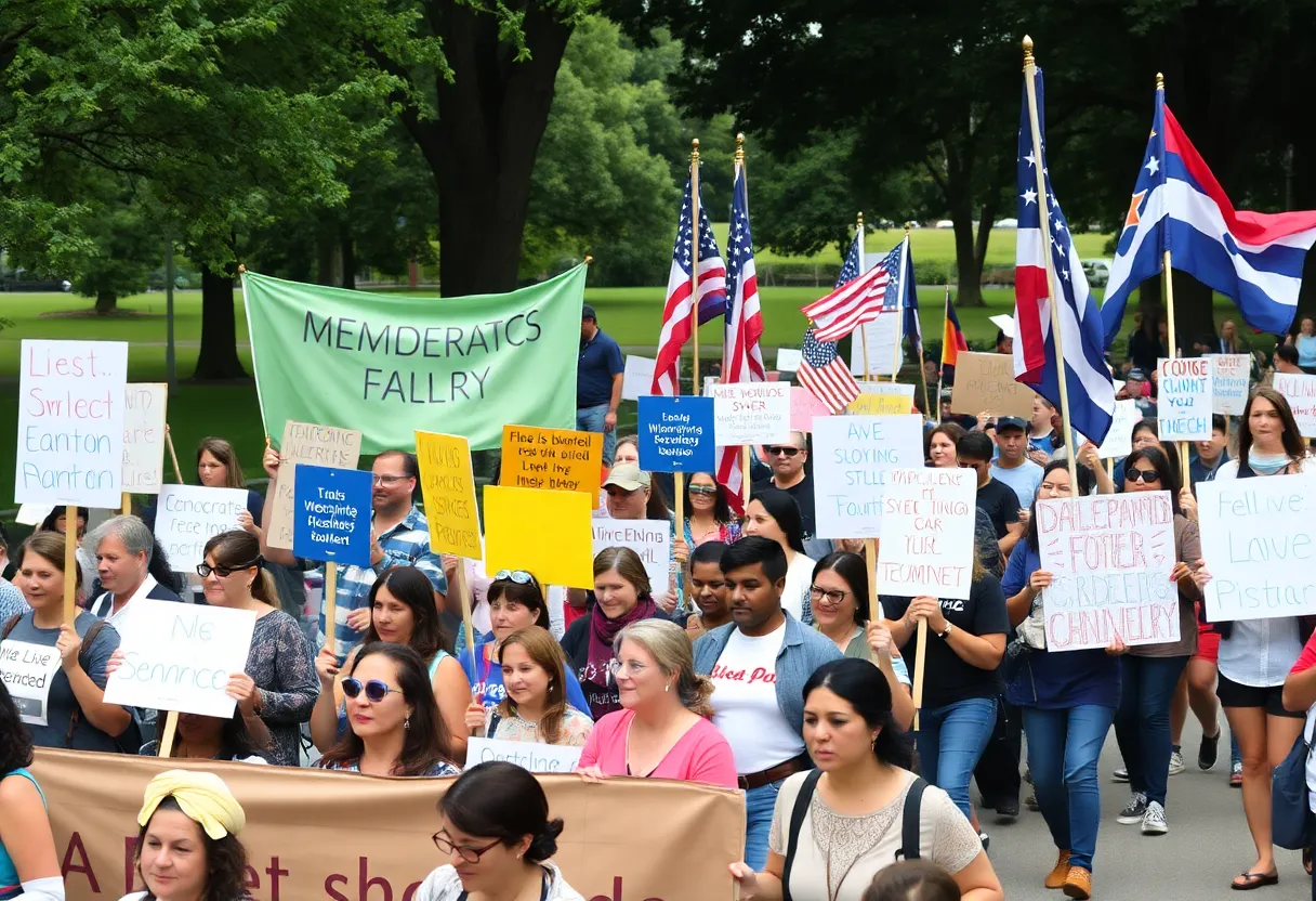 Crowd of protesters gathering in Asheville with signs and banners
