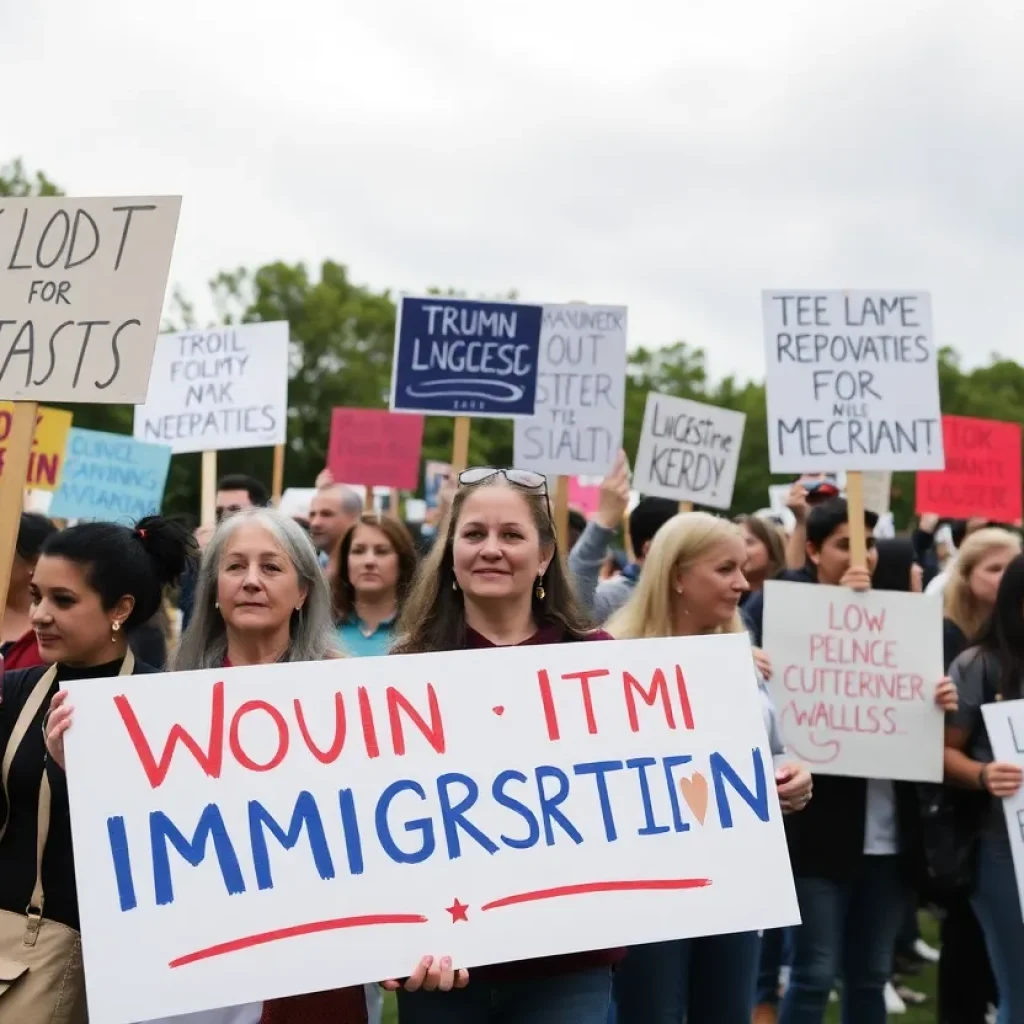 Crowd gathered at Pack Square Park protesting against immigration policies