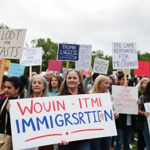 Crowd gathered at Pack Square Park protesting against immigration policies