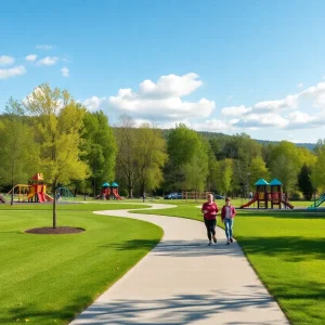 View of a public park in Asheville with families and jogging paths.