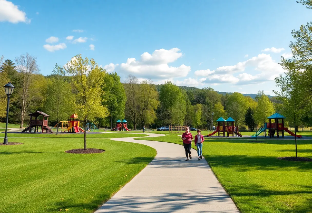 View of a public park in Asheville with families and jogging paths.