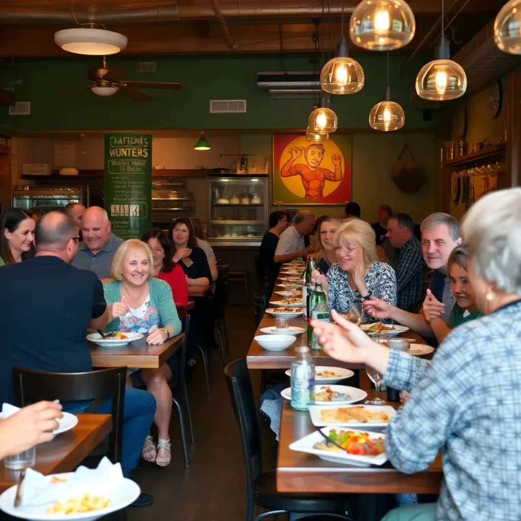 Diners enjoying meals in a lively Asheville restaurant post-hurricane