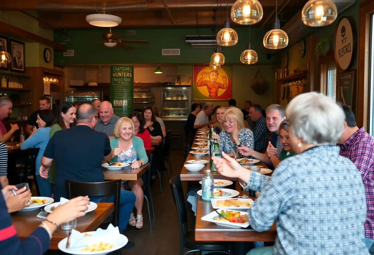 Diners enjoying meals in a lively Asheville restaurant post-hurricane