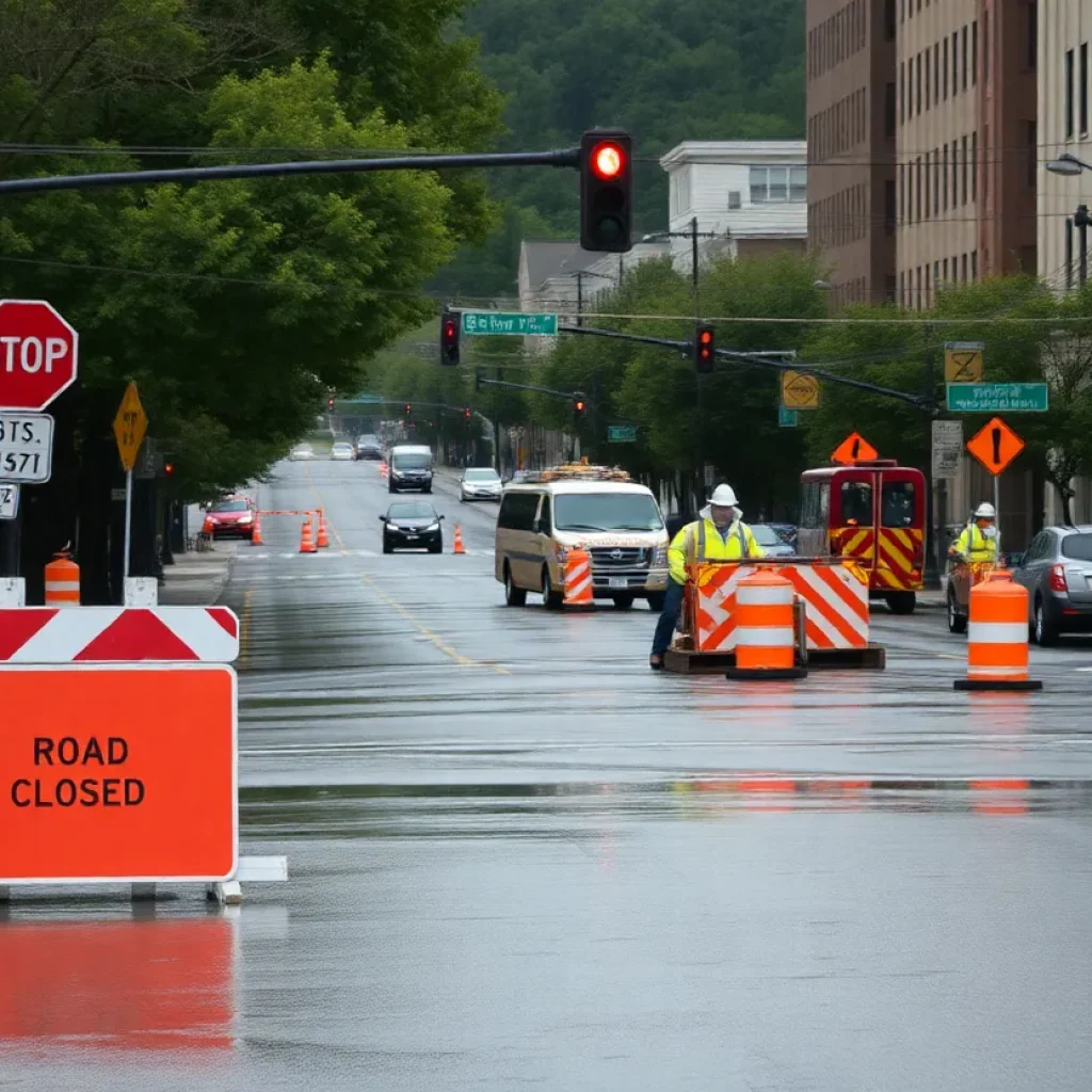 Road closure signs in Asheville due to emergency infrastructure repairs and flooding.