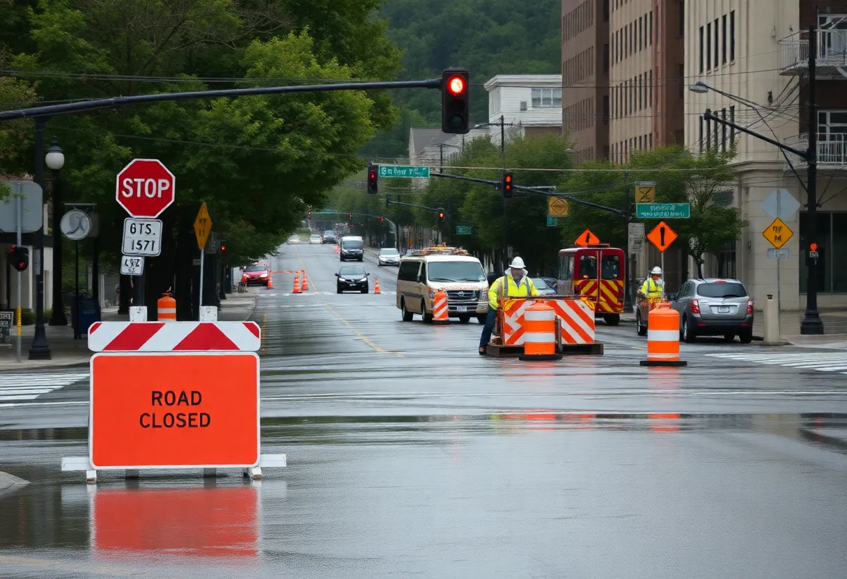 Road closure signs in Asheville due to emergency infrastructure repairs and flooding.