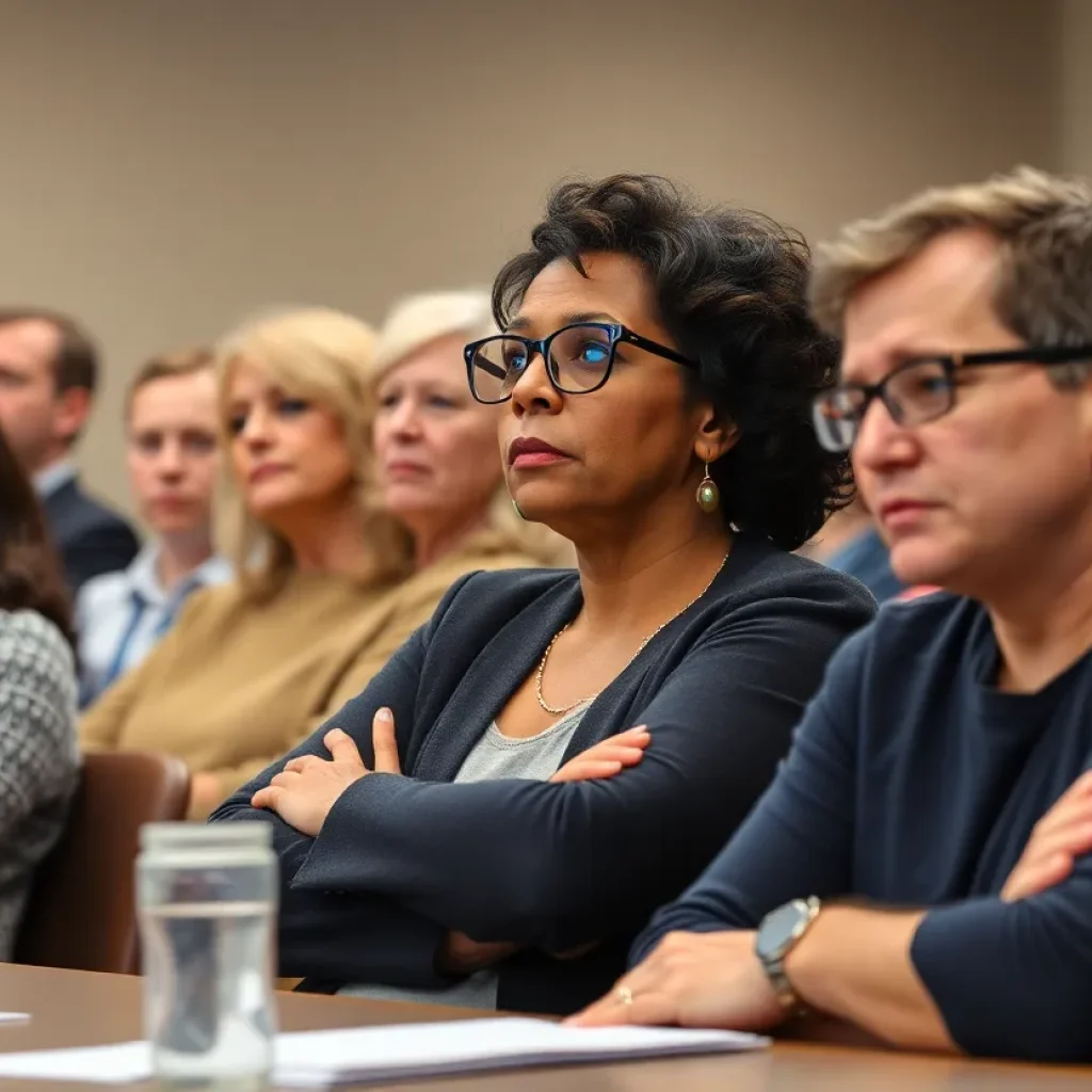 Parents and educators discussing budget cuts at Asheville school board meeting