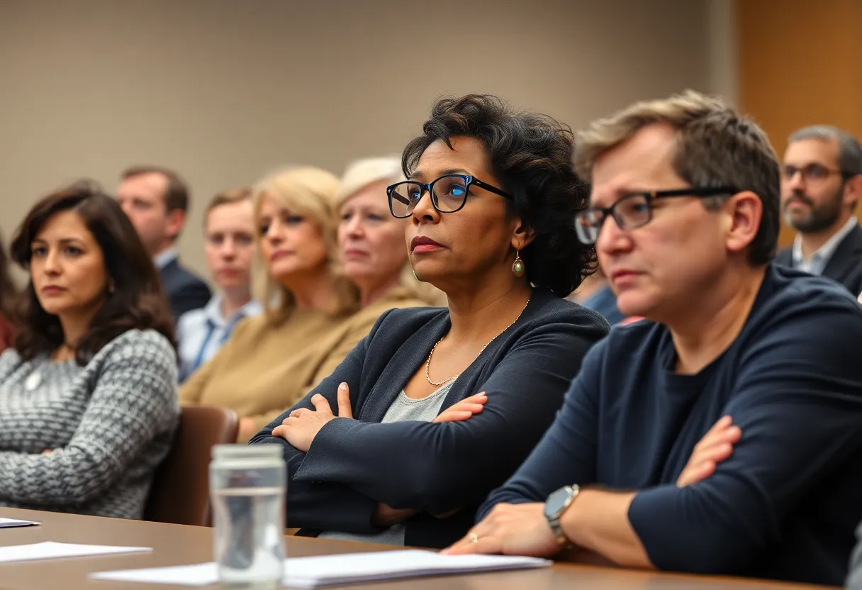Parents and educators discussing budget cuts at Asheville school board meeting