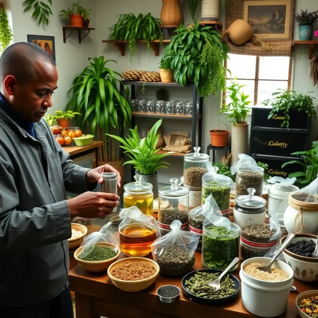 Asheville Tea Company production area with herbs and tea blends