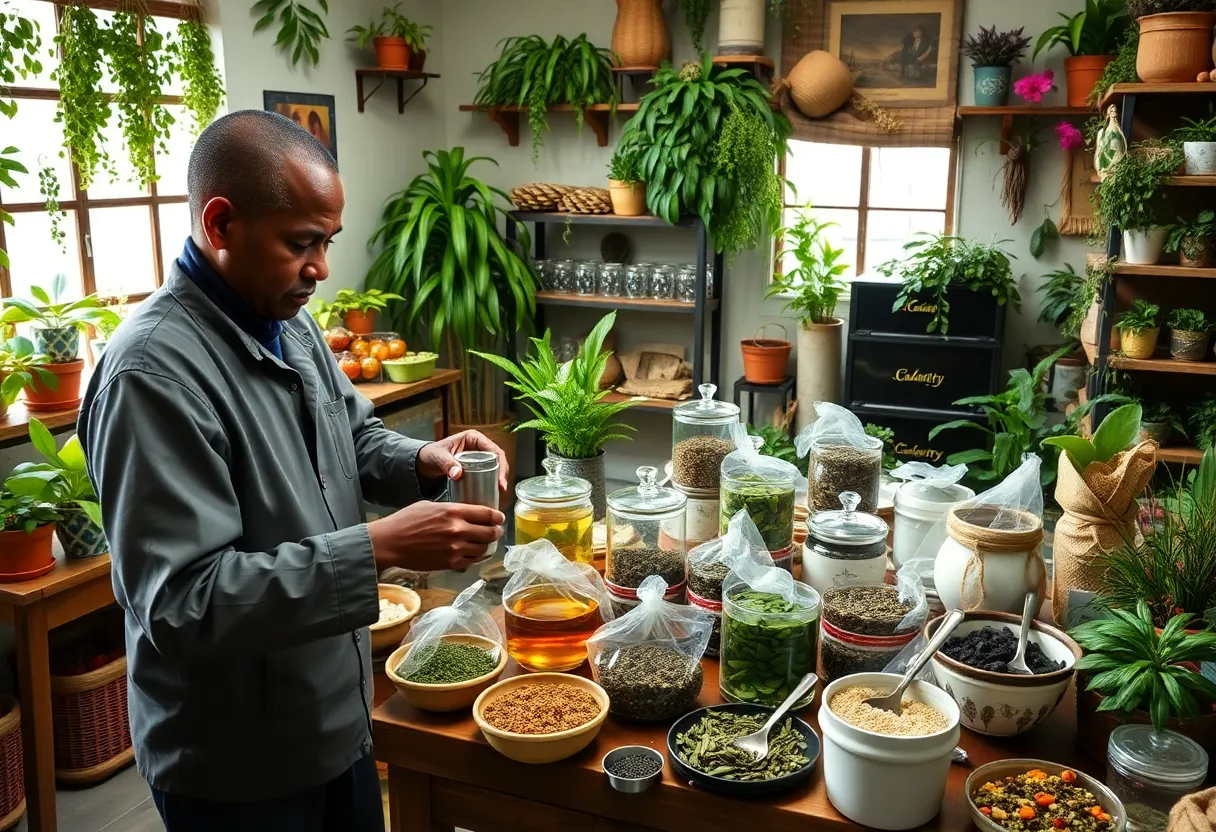 Asheville Tea Company production area with herbs and tea blends